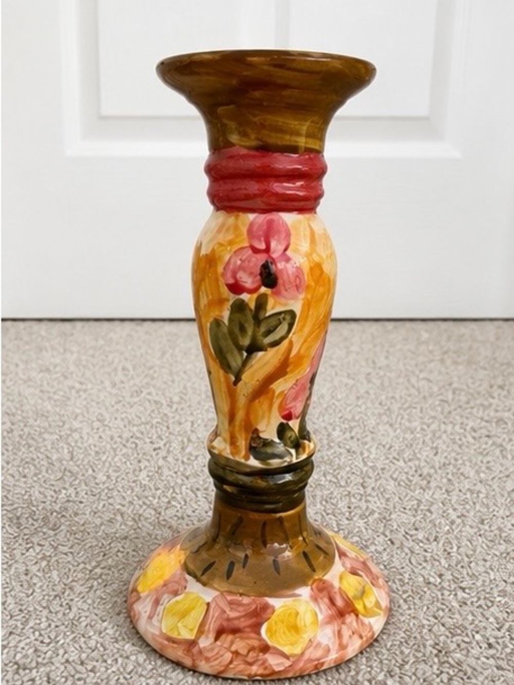 Hand-Painted Floral Ceramic Candle Holder - Yellow & Pink